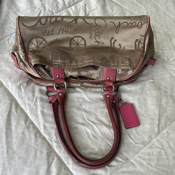 Coach Horse & Carriage SZ OS Logo Satchel Handbag F14481 Gold and Pink - Picture 3 of 11